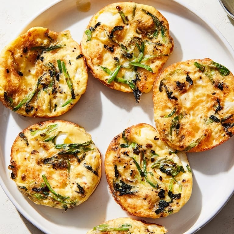Close-up shows a puffy Garlic Scallion Pancake Frittata, fragrant with garlic and scallions.