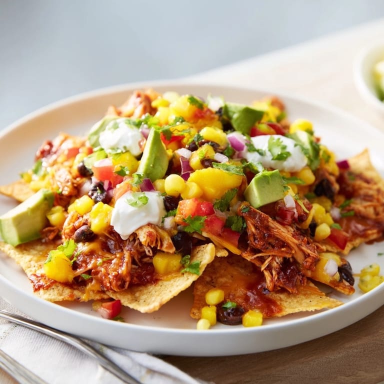 Golden, cheesy Mango Salsa BBQ Chicken Nachos baking sheet, ready for game night.