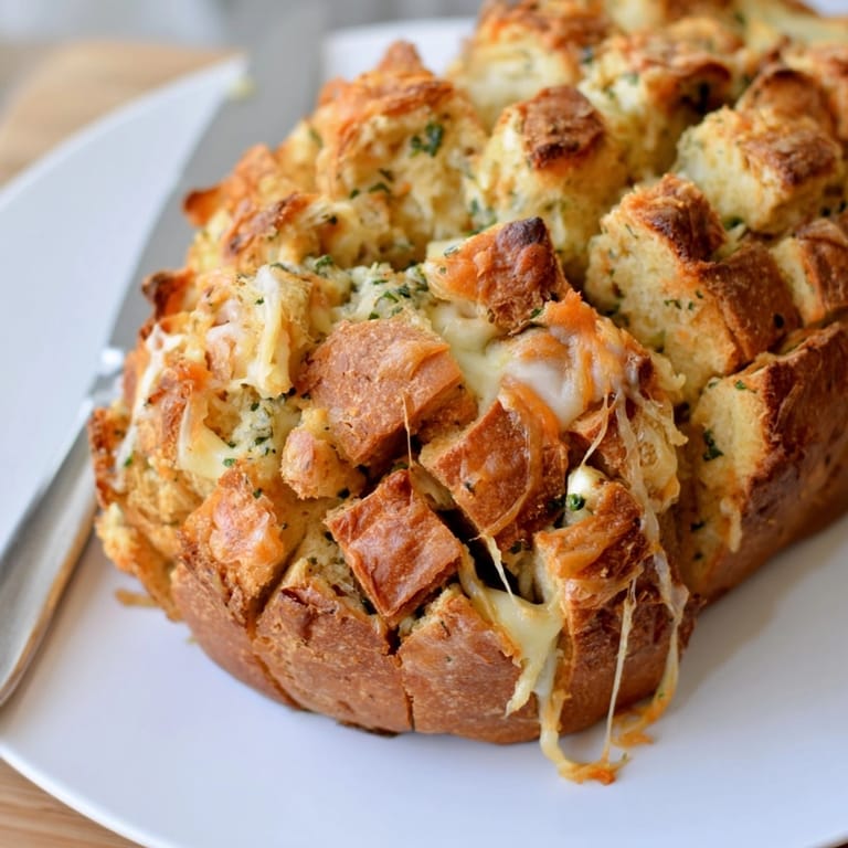 Warm, savory Garlic Herb Cheesy Pull Apart Loaf, ready for dipping at a cozy dinner.