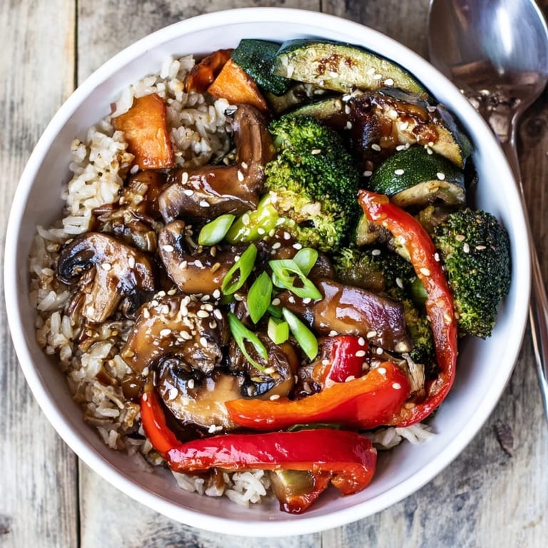 Sizzling Japanese Hibachi Veggie Bowls topped with savory garlic-ginger sauce and sesame.  