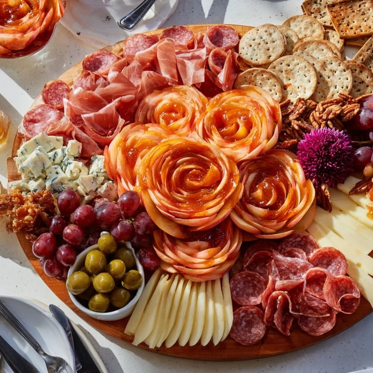 Delicious charcuterie board featuring apple rosettes and a variety of gourmet cheeses.  