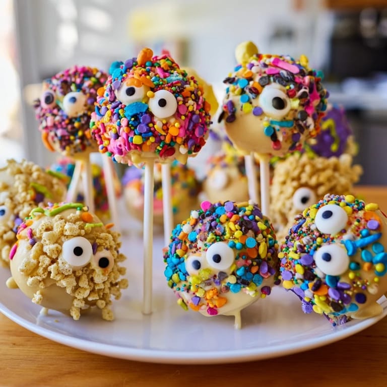 Deliciously decorated Cream Soda Monster Pancake Pops served on lollipop sticks for kids.