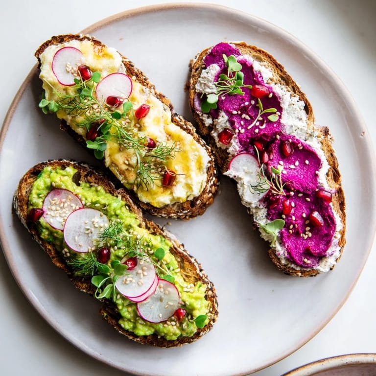Delicious Bright & Bold Breakfast Toasts with radishes, pomegranate, and a drizzle of olive oil.