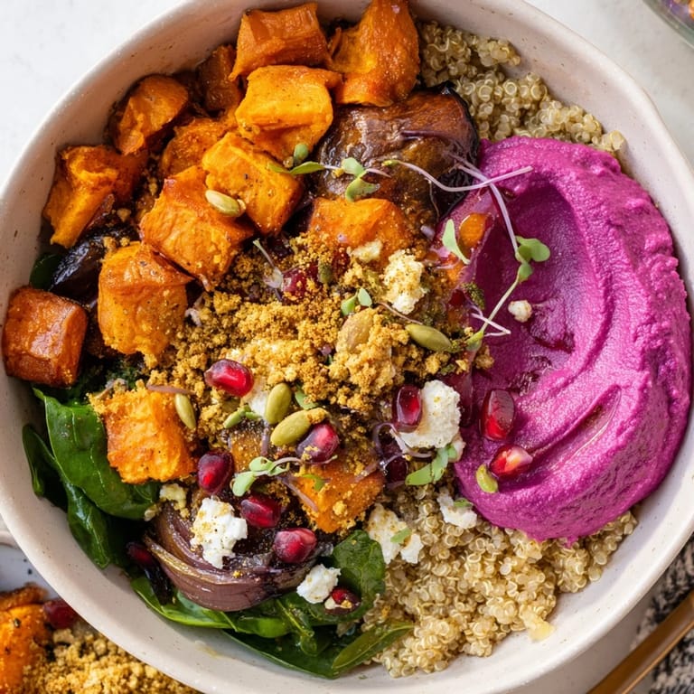 Vibrant spiced winter bowls topped with pistachio-maple crumble and fresh greens.  