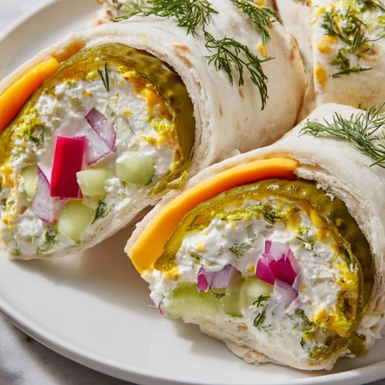 Tangy dill pickles and melted cheese wrapped in soft tortillas for fun bites.  
