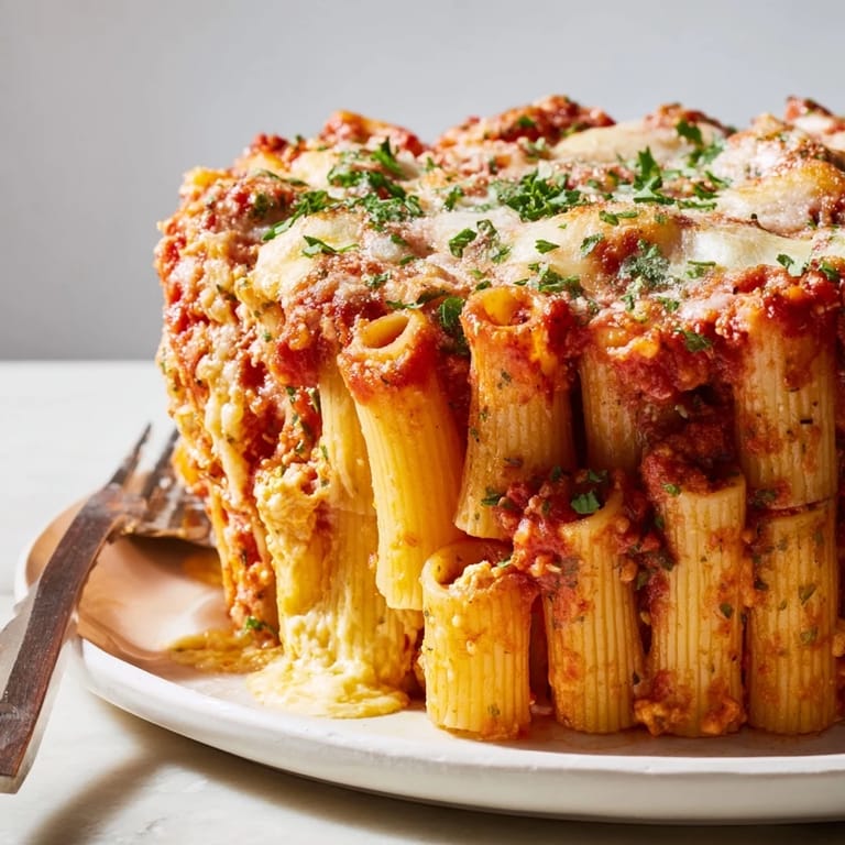 Deliciously layered honeycomb pasta cake, drizzled with fresh parsley and Parmesan.  