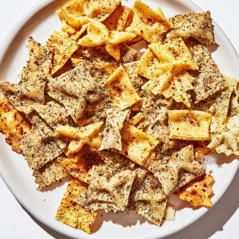 Golden brown pasta chips seasoned variety, perfect for sharing at parties or game day.