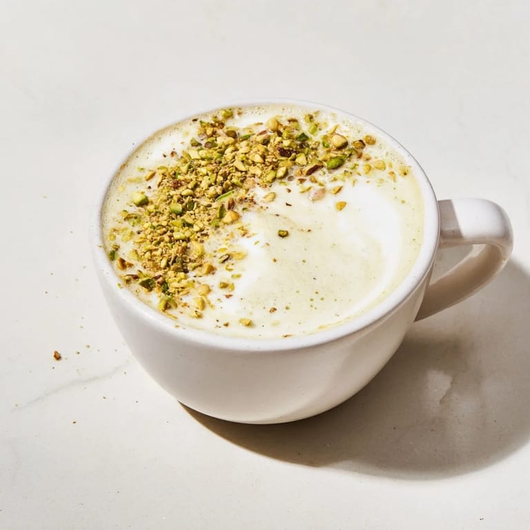 Homemade pistachio milk latte, frothy and fragrant, perfect for cozy mornings.  