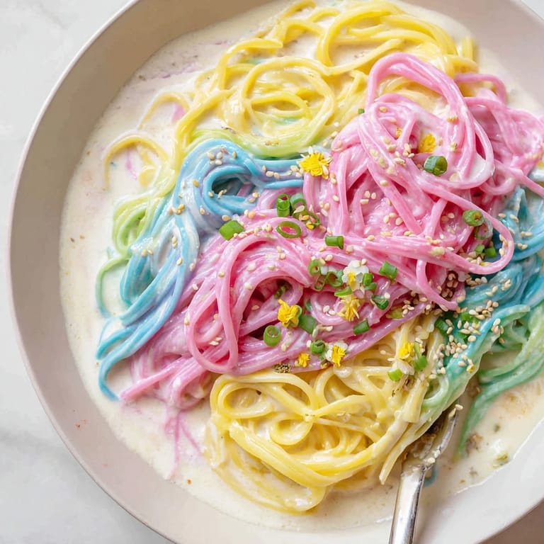 Whimsical Neon Noodle Cloud with colorful noodles and scallions, a feast for the eyes.