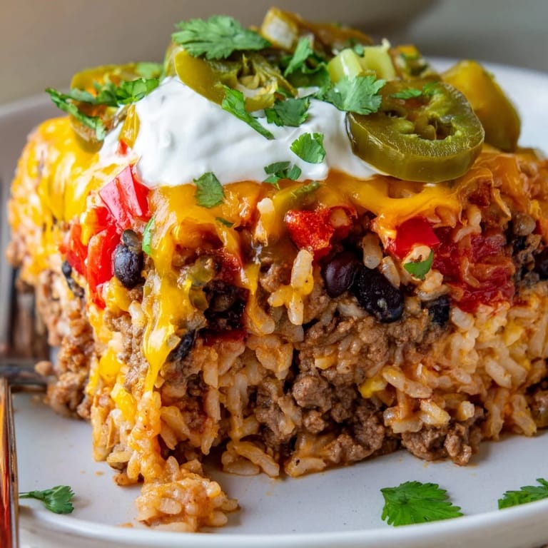 Comforting Tex-Mex Beef & Rice Casserole bursting with flavors of spices and cheese.  
