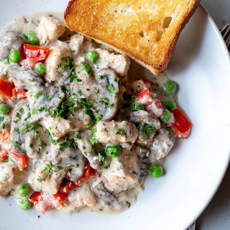 Delicious Chicken à la King with mushrooms and peas, beautifully plated over crisp toast.