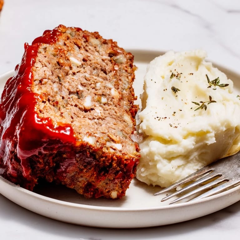 A hearty slice of Classic Meatloaf & Mashed Potatoes garnished with fresh parsley.  