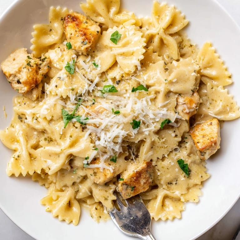 Delicious garlic butter sauce envelops tender chicken and bowtie pasta in this recipe.  