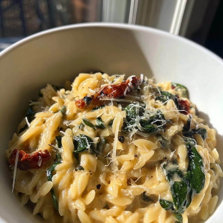 Rich and creamy Tuscan Orzo Bowl, garnished with Parmesan, perfect for any dinner table.  