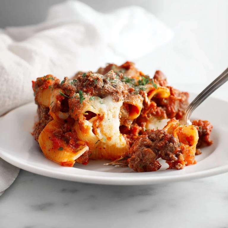 Golden brown Baked Ziti with Meat Sauce topped with melty mozzarella and fresh herbs.  