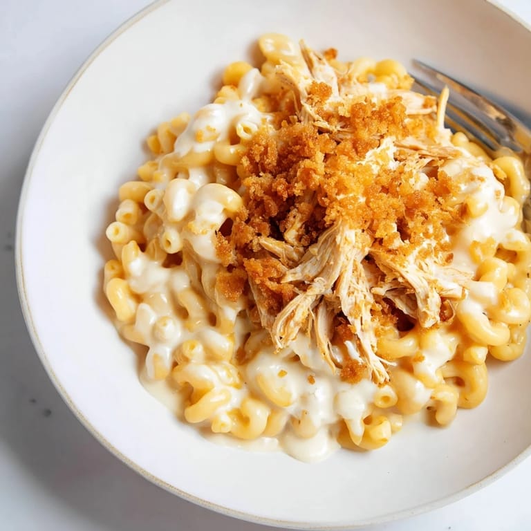 Golden, bubbly classic mac & cheese with tender BBQ chicken, perfect for family dinners.  