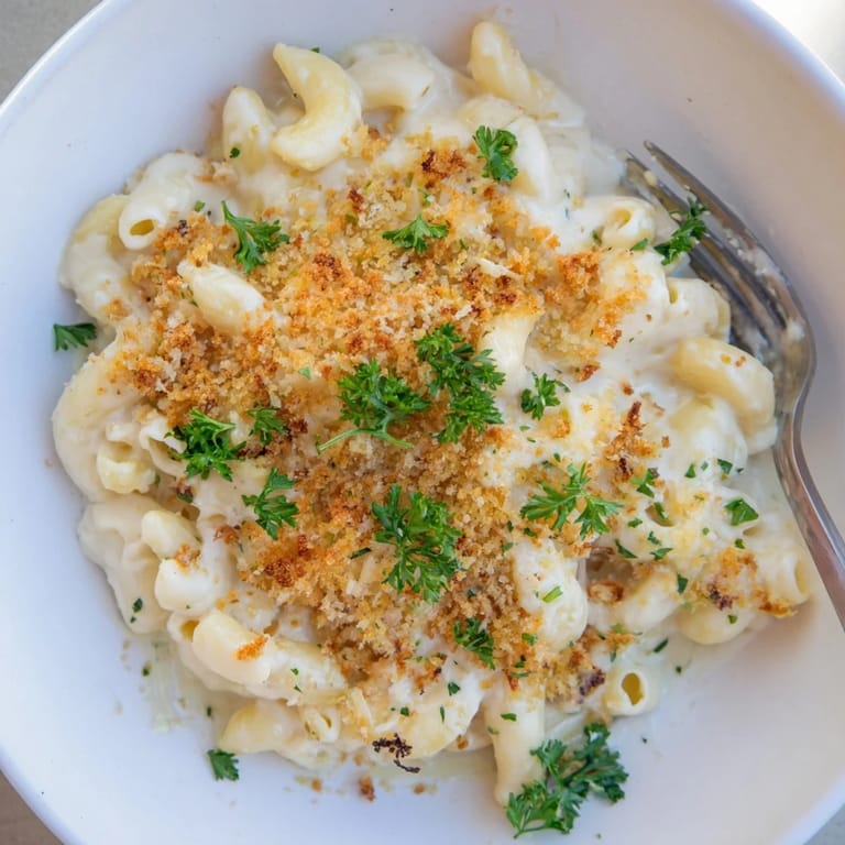 Creamy truffle macaroni and cheese, drizzled with aromatic oil for extra flavor.  