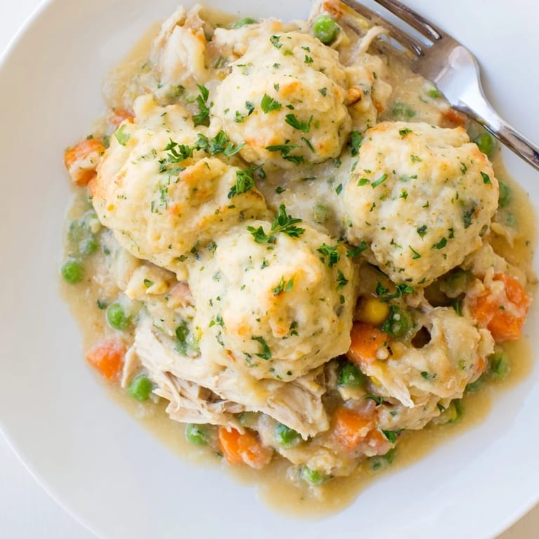 Hearty Chicken and Dumplings Casserole nestled in a rich, creamy sauce, perfect for family dinners.  