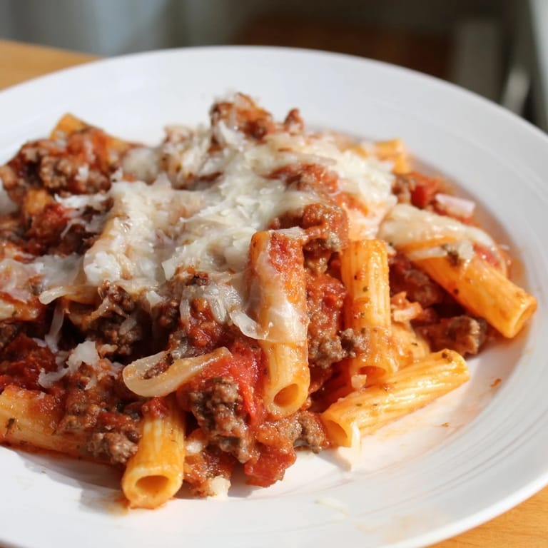 Golden, bubbly cheese covers a hearty Cheesy Beef & Penne Bake, ready for a satisfying family dinner.
