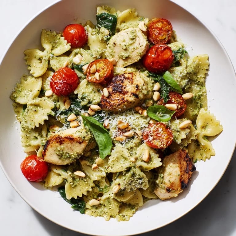 Creamy pesto chicken bowtie pasta with perfectly cooked chicken, a delicious Italian meal.