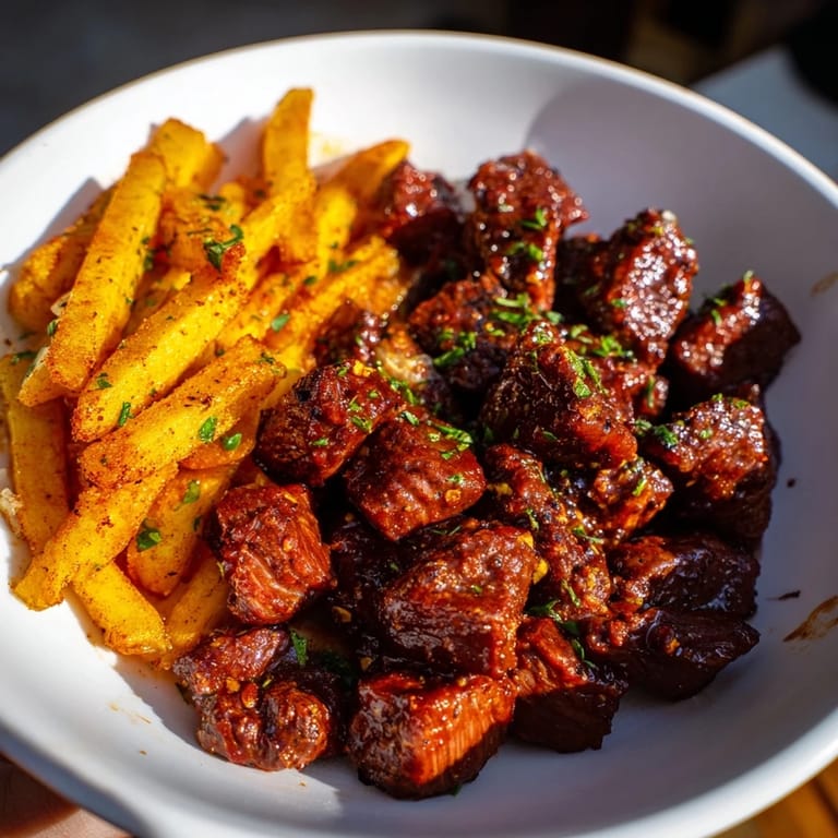 Enjoy the smoky char of Blackened Cajun Steak Bites, served with a pile of hot, golden fries.