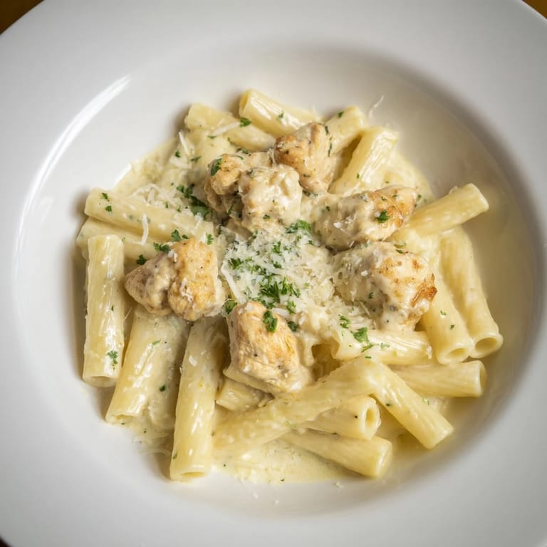Fresh parsley garnishes the perfectly cooked Creamy Garlic Parmesan Chicken Rigatoni atop a plate.