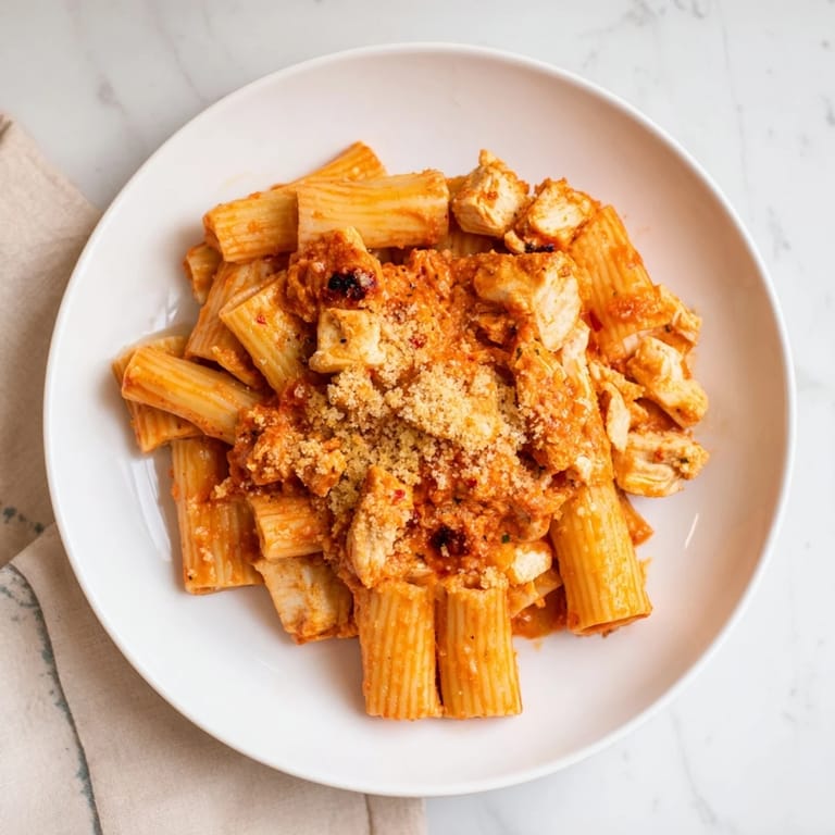 Close-up of a casserole filled with Baked Chicken Parmesan Pasta; pasta, chicken, and melted cheese.