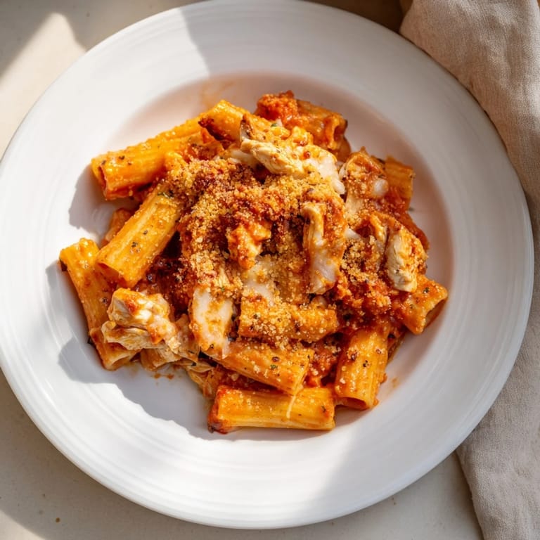 Warm, cheesy baked Chicken Parmesan Pasta, with tender chicken and a rich tomato sauce.