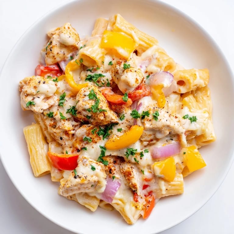 A close-up of a steaming bowl of Cajun Chicken Pasta Bake, showing creamy sauce and tender chicken.