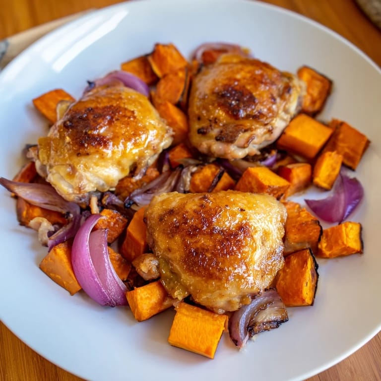 A close-up of Maple Glazed Chicken & Sweet Potato Bake, showing tender chicken and caramelized sweet potatoes.