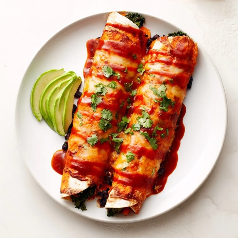 Golden brown One-Pan Sweet Potato, Black Bean & Kale Enchiladas, topped with melted cheese, ready for serving.
