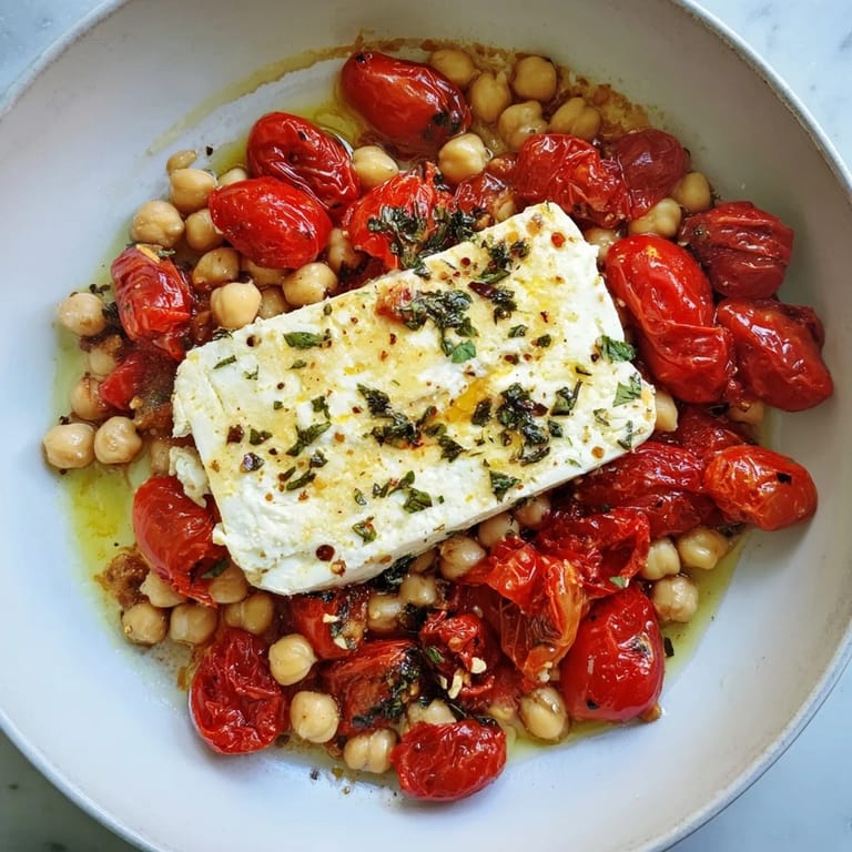 Creamy baked feta with juicy tomatoes and chickpeas, plated ready over fluffy rice.