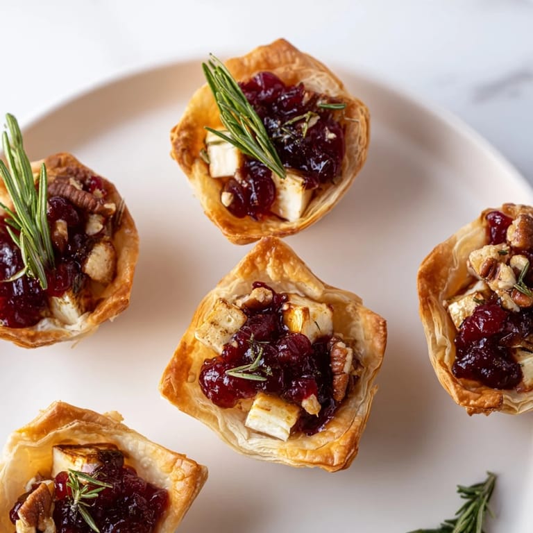 Warm, bite-sized Quick Cranberry Brie Bites with flaky pastry, oozing Brie, and a pop of red cranberry sauce.