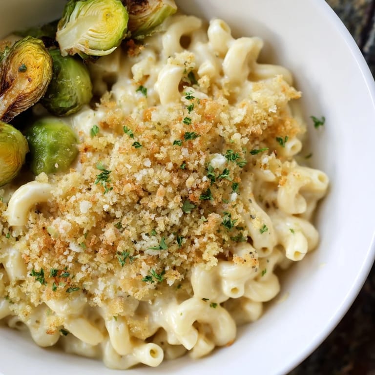 A sheet pan full of creamy Sheet Pan Mac and Cheese, featuring roasted Brussels sprouts and golden panko.