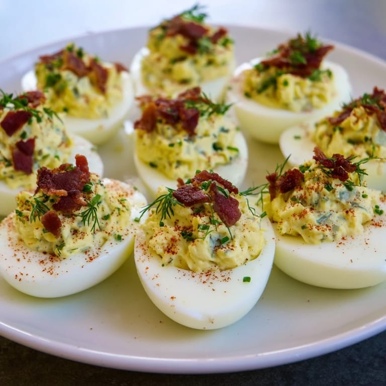 A close-up shot of loaded deviled eggs with vibrant yellow filling and crispy bacon garnish.