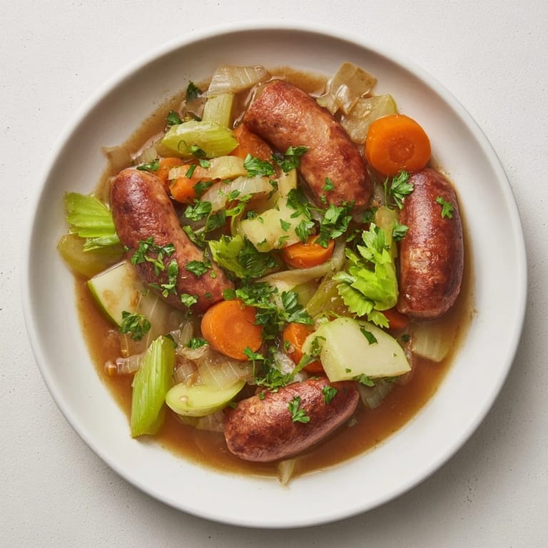 Savory Stovetop Sausage, Celery, and Apple Hotpot with tender vegetables and juicy apples, perfect for a cozy dinner.