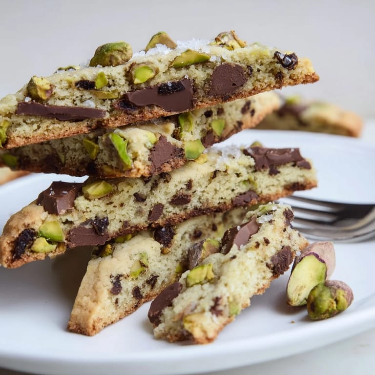 Close-up of freshly baked Salted Pistachio Chocolate Chunk Shortbread, showcasing a balance of sweet and salty flavors.