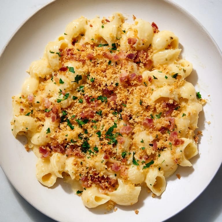 A close-up of sheet pan mac and cheese with a thick, satisfying bacon topping for a perfect bite.