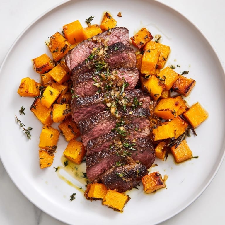 Vibrant plate of Butternut Squash & Garlic Herb Steak Bowls, a delicious blend of textures and tastes in every bite.