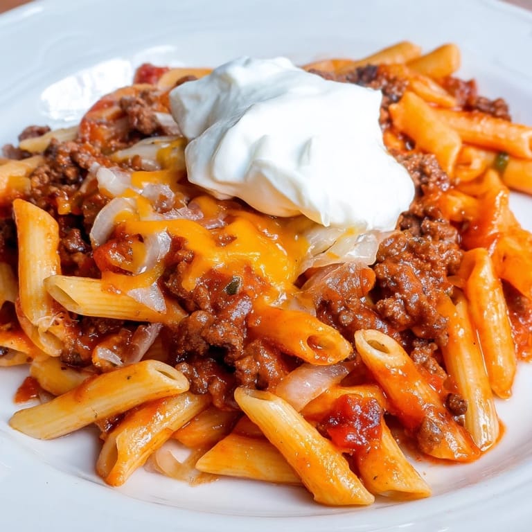 A close-up of Easy Beef Enchilada Pasta, showcasing rich sauce and perfectly cooked penne noodles.