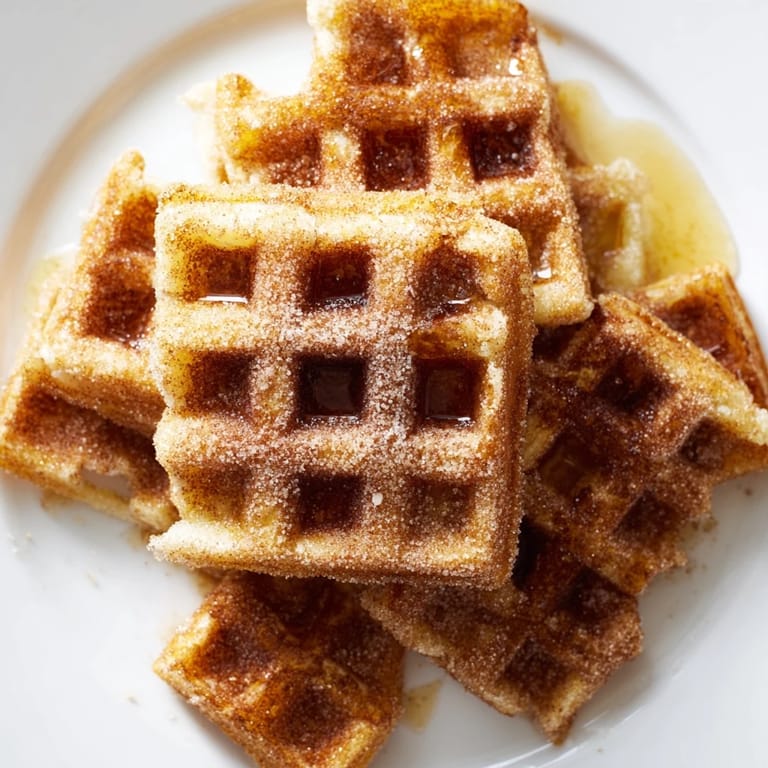 Crispy-edged Express Cinnamon Sugar Churro Waffles, with a dusting of cinnamon sugar, perfect for dessert.