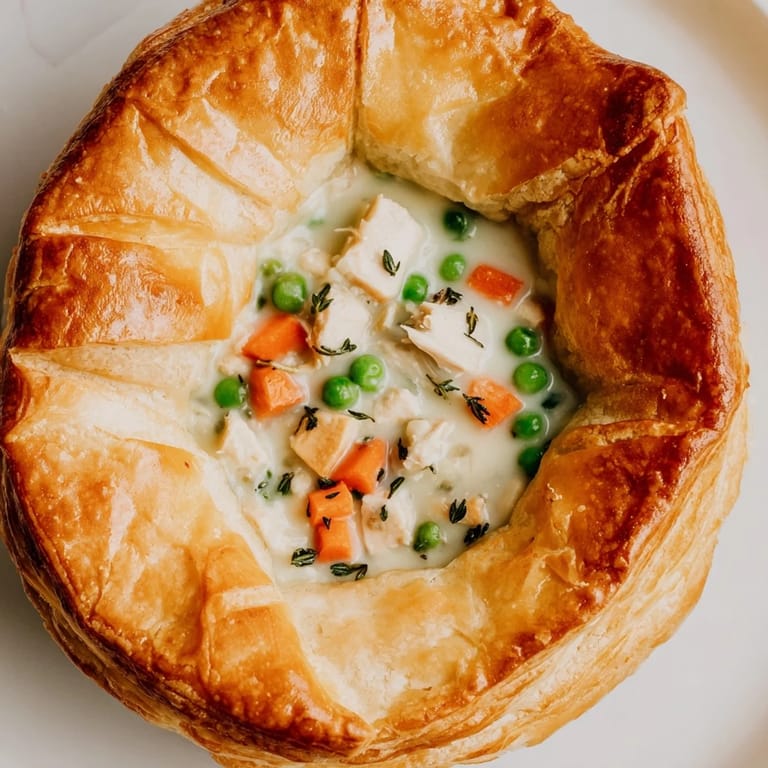 A close-up of a rustic, flaky Marry Me Chicken Pot Pie, steam rising from the golden crust.