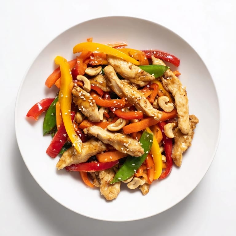 Fresh, flavorful High-Protein Chicken Stir-Fry Salad Bowl drizzled with a savory sesame-ginger dressing.