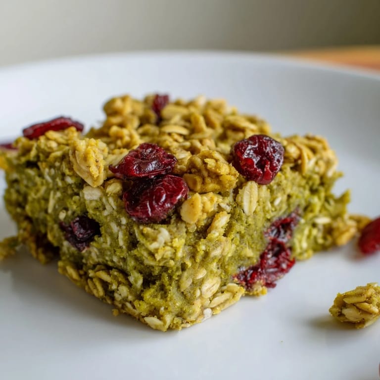 Close-up of baked Matcha Cranberry Oat Crumble Bars, showcasing the chewy texture and tart cranberries.