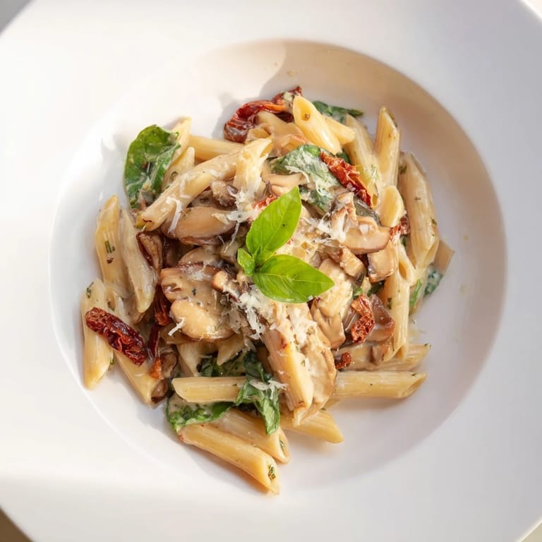 Sizzling, golden mushrooms and penne pasta bathed in a creamy sauce: the Creamy Sun-Dried Tomato version.