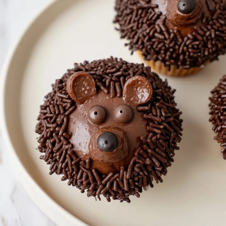 These decadent Hedgehog Cupcake Tower cupcakes feature fluffy chocolate frosting and almond "spikes".