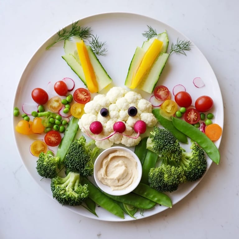Enjoy this easy Bunny Meadow Veggie Board: a delightful appetizer overflowing with fresh, gluten-free vegetables.