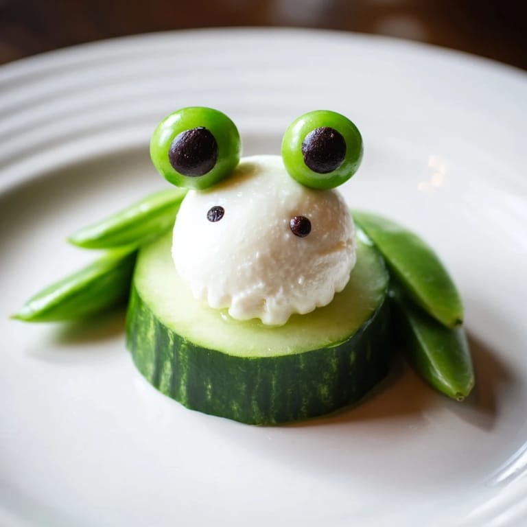 Kid-friendly Frog Pond Snack Tray features cucumber slices, cheese frogs, and sugar snap pea legs.