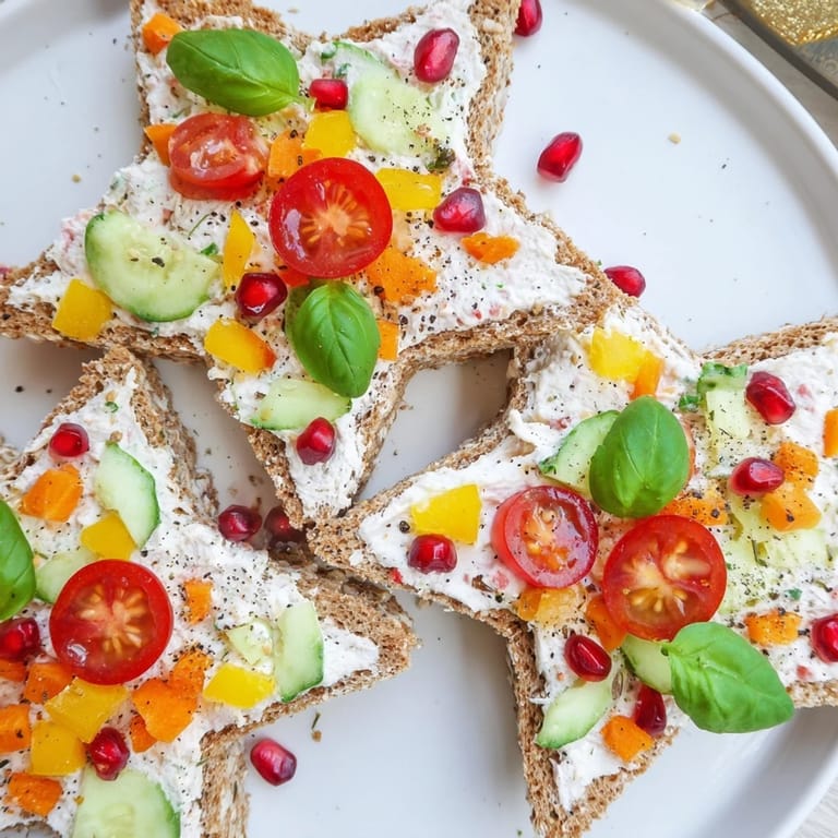 Close-up of freshly made Crown Jewels Star-Shaped Sandwiches, featuring a vibrant vegetable filling and decorative garnishes.