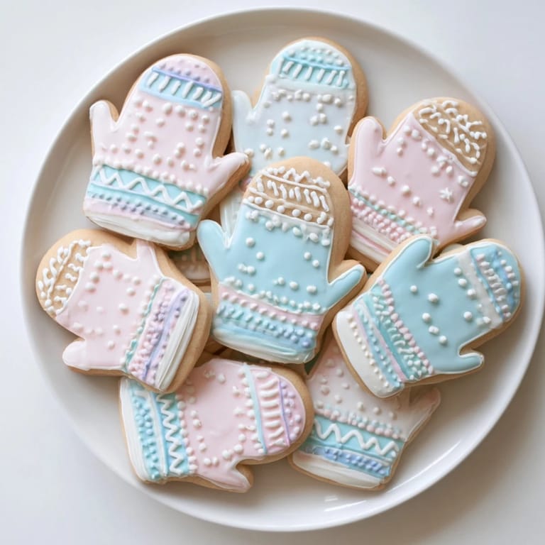 Several beautifully decorated mitten cookies, providing a glimpse of a warm and inviting dessert recipe.